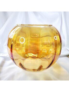 Amber Iridescent Orange Glass Bowl Vase 8" Wide 8" Tall Thanksgiving Fall Decor